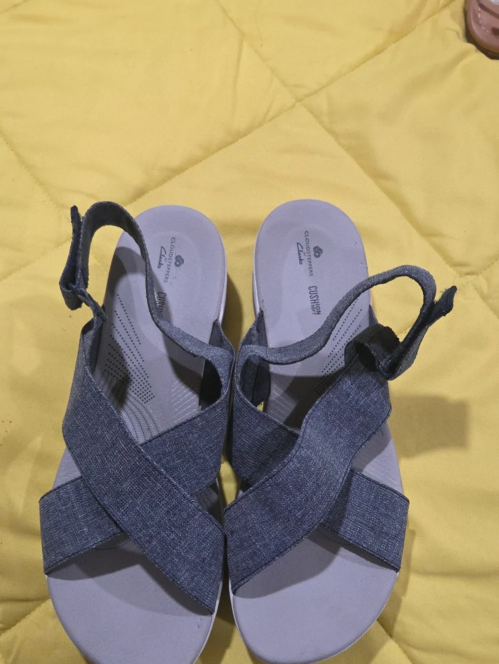 Clarks Cloudsteppers Arla Meg Platform Wedge Sandals Blue Denim Women’s Size 12